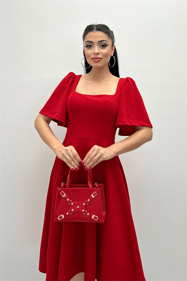 Krep Kumaş Kare Yaka Midiboy Abiye Elbise - KIRMIZI