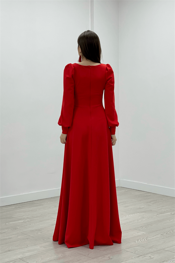 Krep Kumaş Kemer Detaylı Abiye Elbise - KIRMIZI