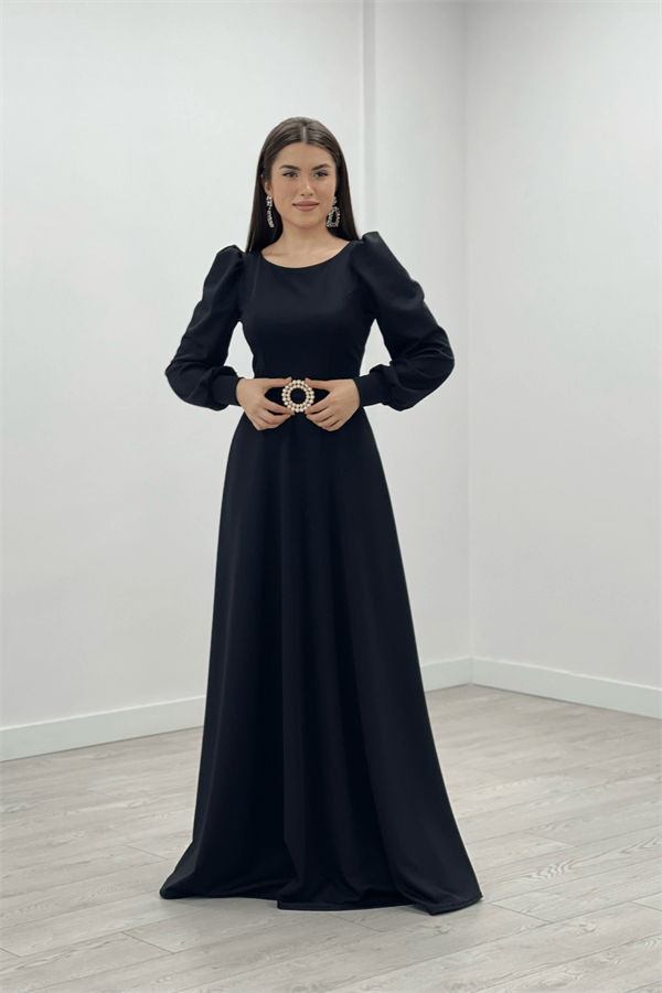 Krep Kumaş Kemer Detaylı Abiye Elbise - SİYAH