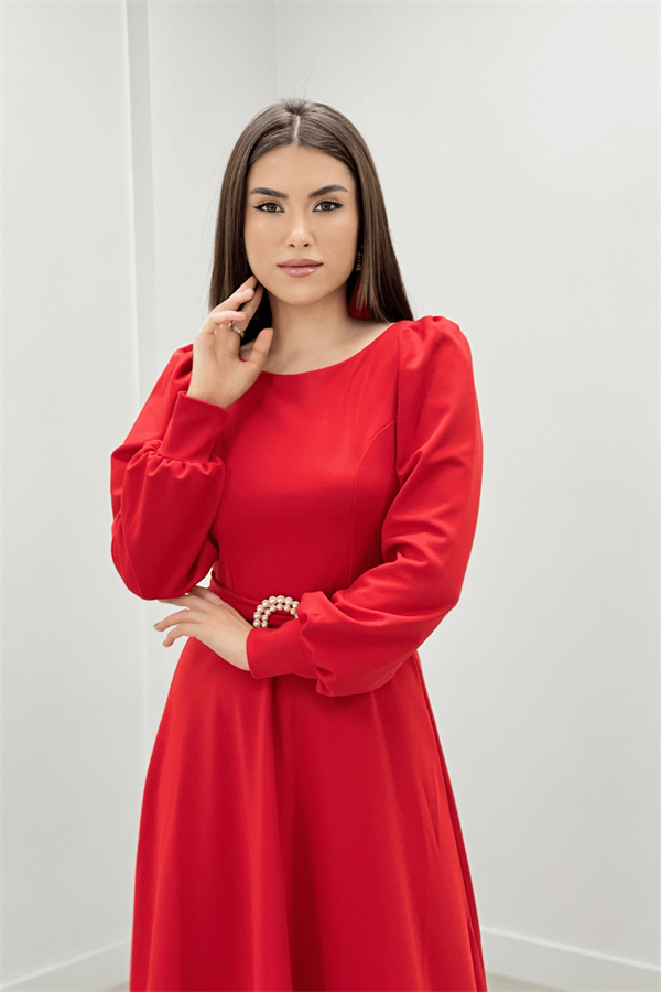 Krep Kumaş Kemer Detaylı Abiye Elbise - KIRMIZI