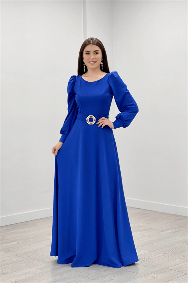 Krep Kumaş Kemer Detaylı Abiye Elbise - SAKS MAVİ