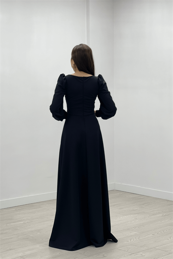 Krep Kumaş Kemer Detaylı Abiye Elbise - SİYAH