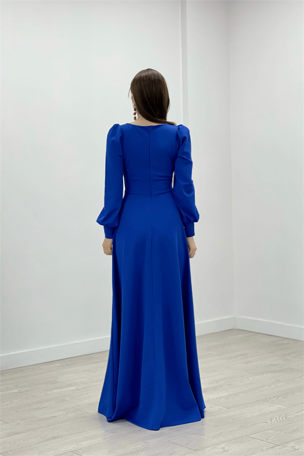 Krep Kumaş Kemer Detaylı Abiye Elbise - SAKS MAVİ