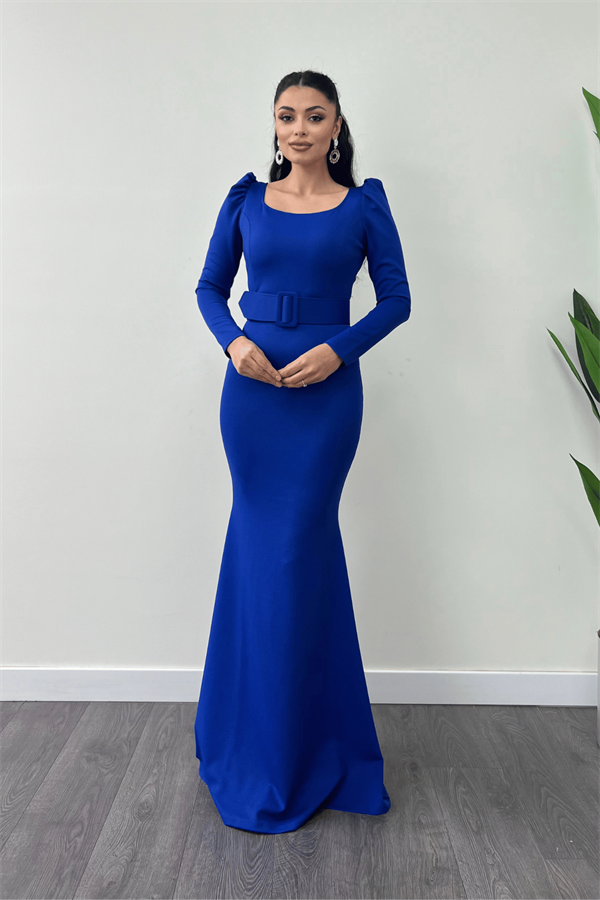 فستان سمك بحزام من قماش الكريب - ساكس بلو