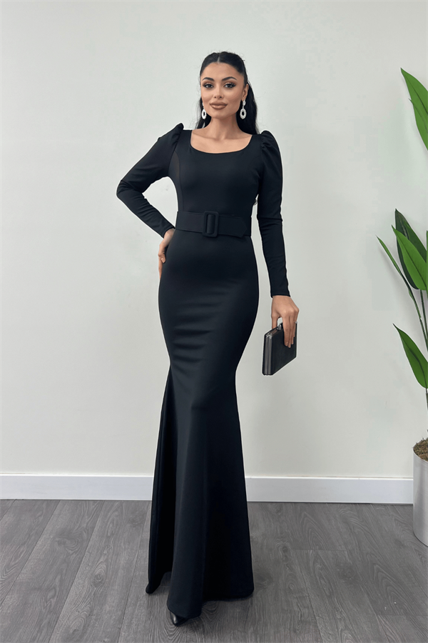 فستان سمك بحزام من قماش الكريب - الأسود