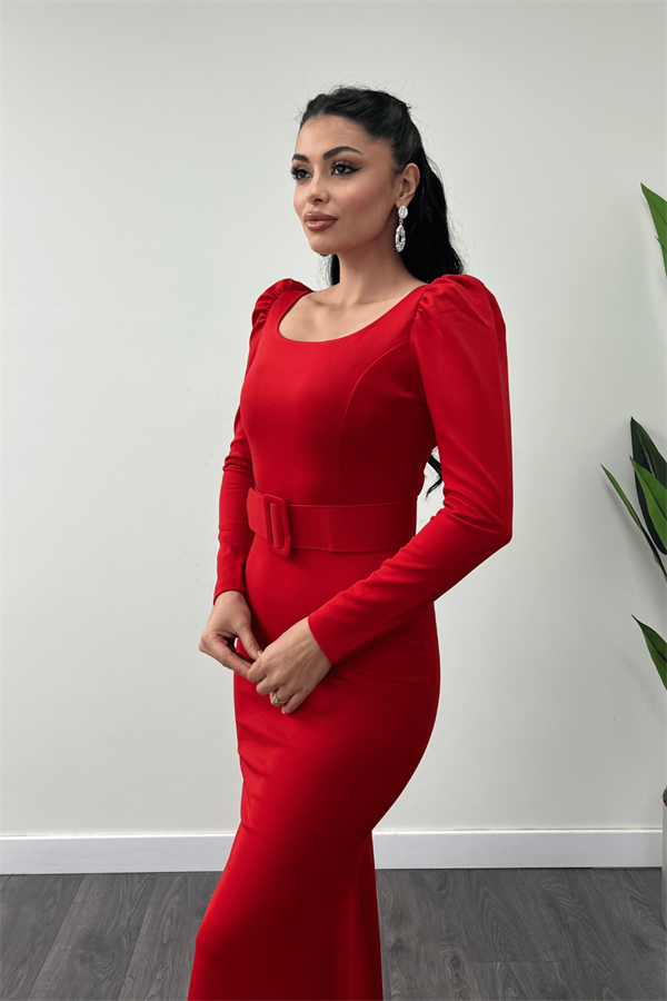 فستان سمك بحزام من قماش الكريب - أحمر