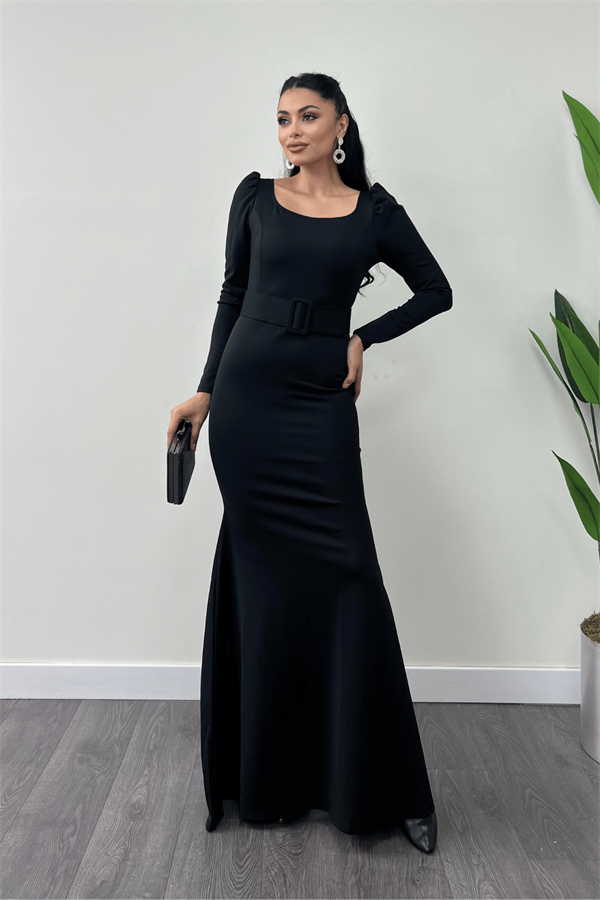 فستان سمك بحزام من قماش الكريب - الأسود