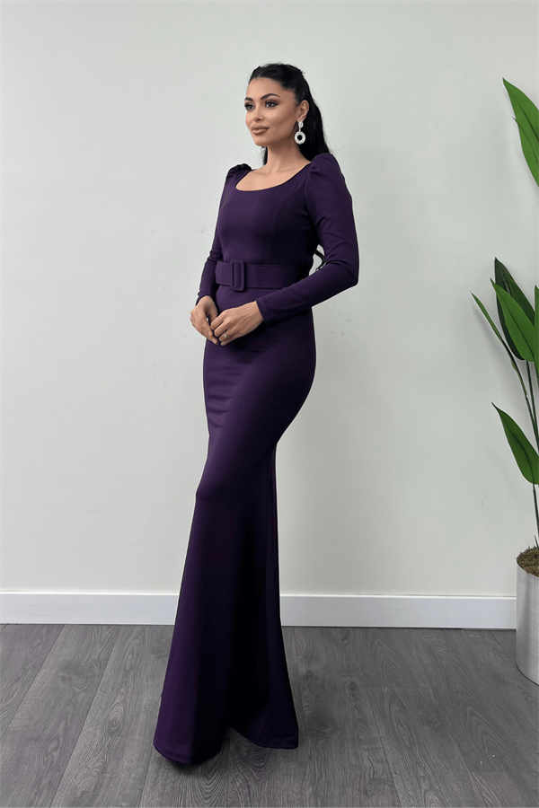 فستان سمك بحزام من قماش الكريب - الباذنجان الأرجواني