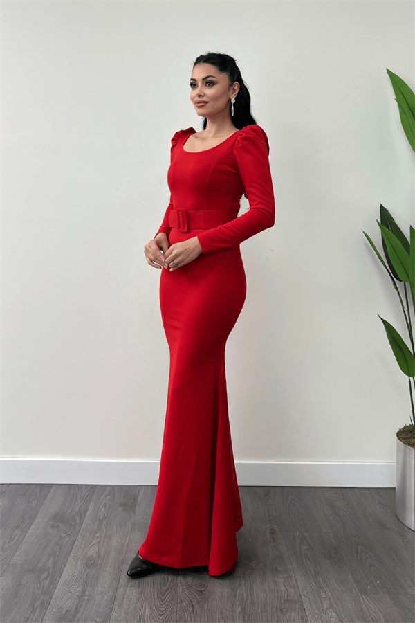 فستان سمك بحزام من قماش الكريب - أحمر