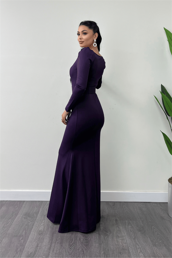 فستان سمك بحزام من قماش الكريب - الباذنجان الأرجواني