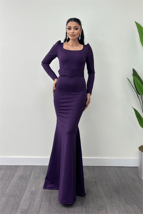 فستان سمك بحزام من قماش الكريب - الباذنجان الأرجواني