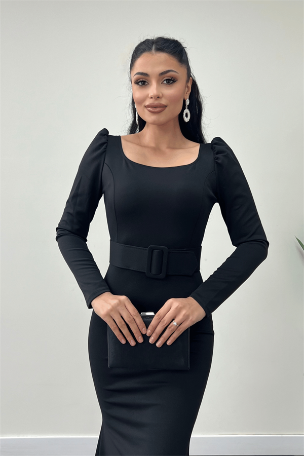 فستان سمك بحزام من قماش الكريب - الأسود