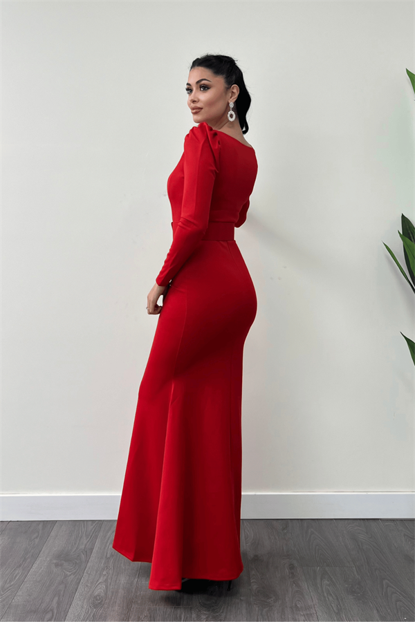 فستان سمك بحزام من قماش الكريب - أحمر