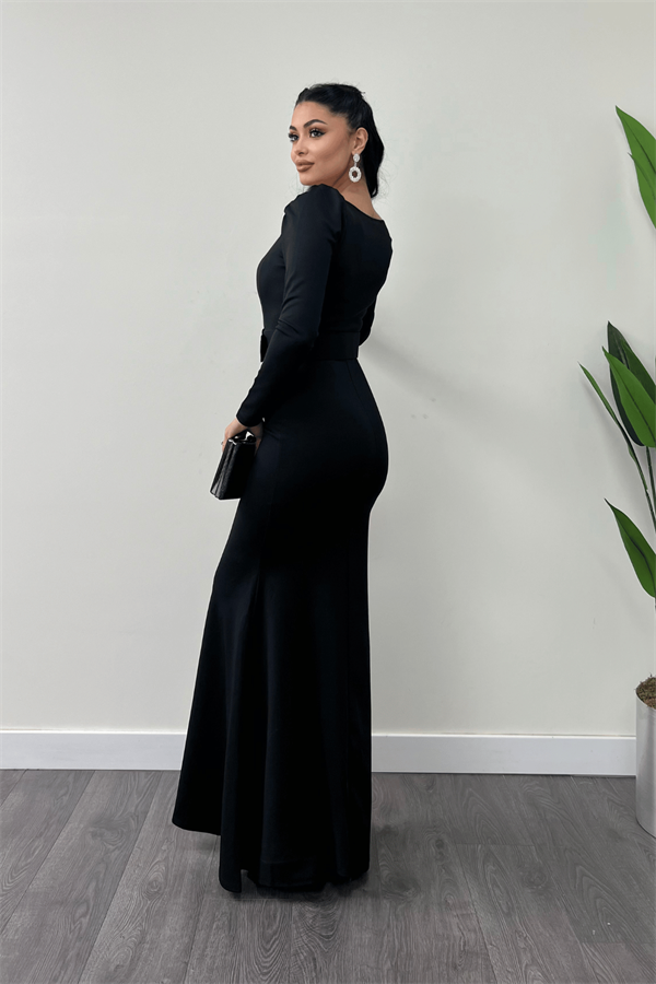 فستان سمك بحزام من قماش الكريب - الأسود