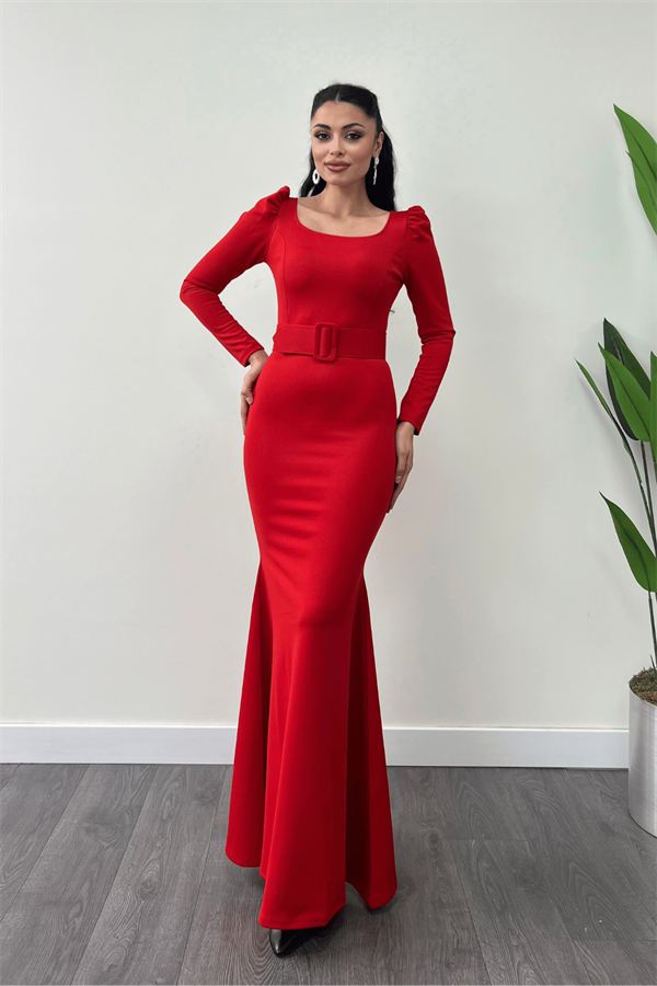 فستان سمك بحزام من قماش الكريب - أحمر