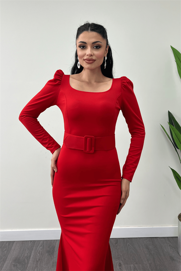 فستان سمك بحزام من قماش الكريب - أحمر