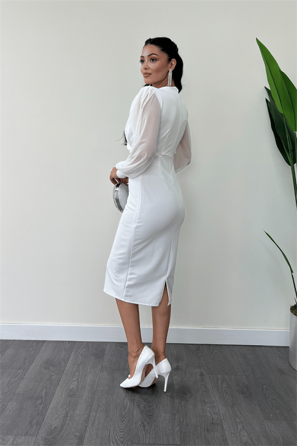 Krep Kumaş Kollar Tül Kalem Elbise - BEYAZ
