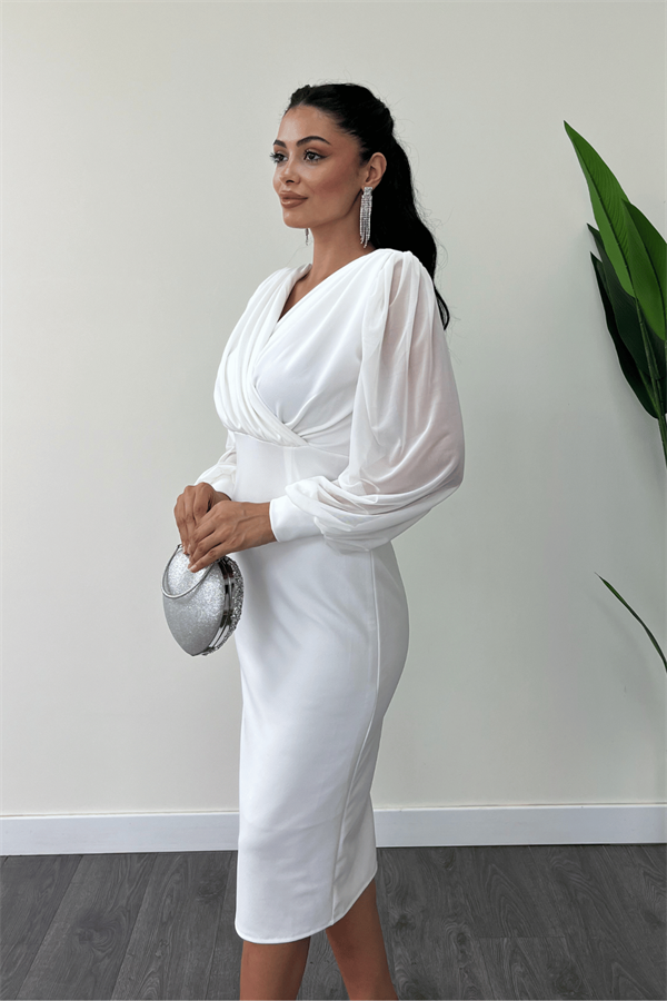 Krep Kumaş Kollar Tül Kalem Elbise - BEYAZ