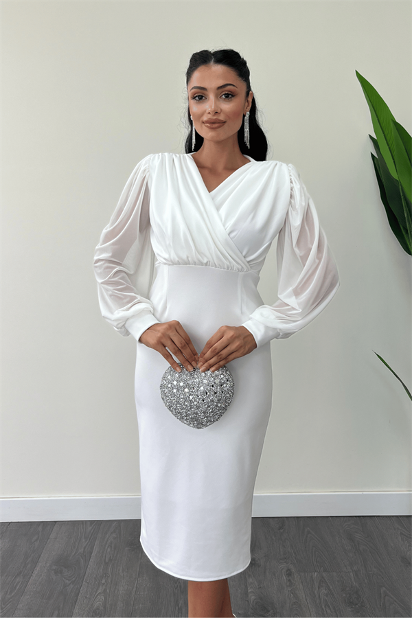 Krep Kumaş Kollar Tül Kalem Elbise - BEYAZ