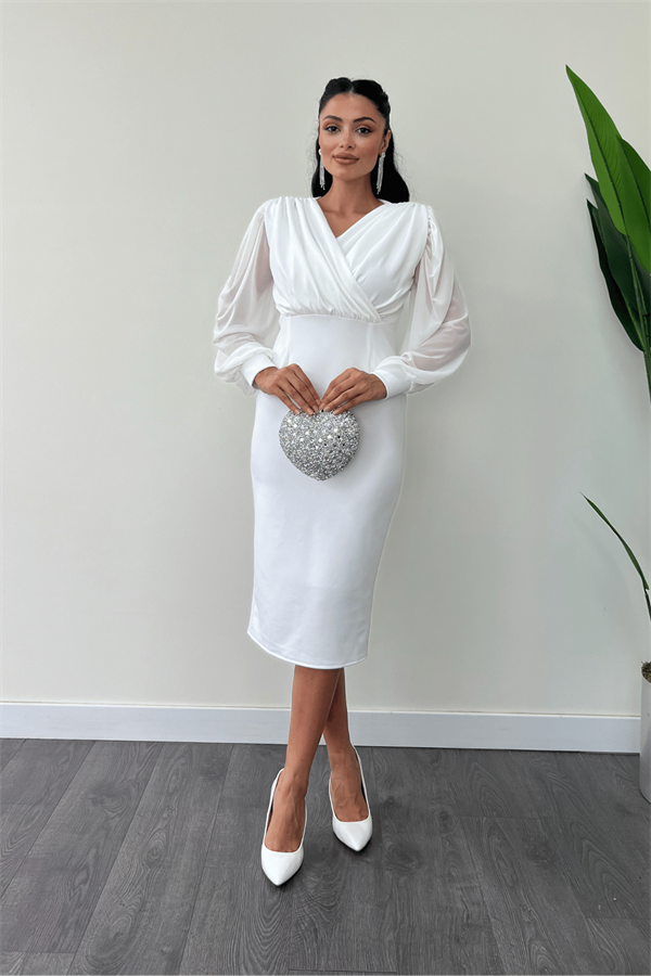 Krep Kumaş Kollar Tül Kalem Elbise - BEYAZ