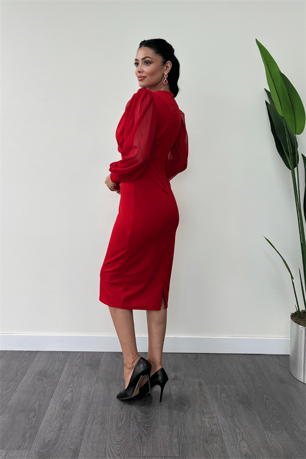 Krep Kumaş Kollar Tül Kalem Elbise - KIRMIZI