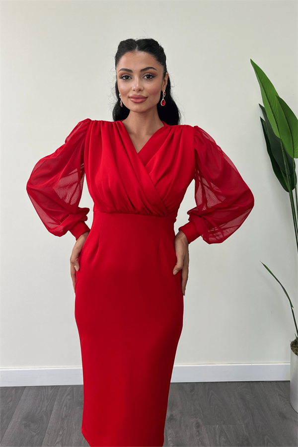 Krep Kumaş Kollar Tül Kalem Elbise - KIRMIZI
