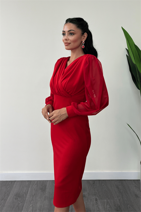 Krep Kumaş Kollar Tül Kalem Elbise - KIRMIZI