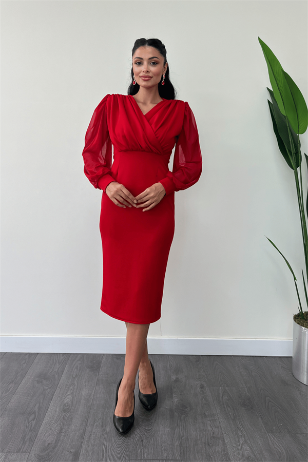 Krep Kumaş Kollar Tül Kalem Elbise - KIRMIZI