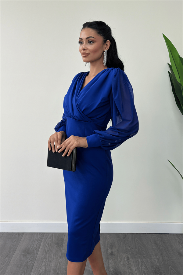 Krep Kumaş Kollar Tül Kalem Elbise - SAKS MAVİ