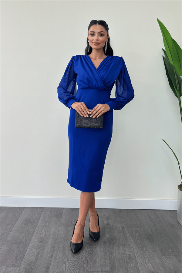 Krep Kumaş Kollar Tül Kalem Elbise - SAKS MAVİ