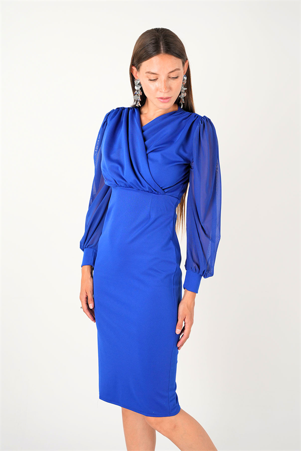 Crepe Fabric Sleeve Tulle Pencil Dress - SAKS BLUE