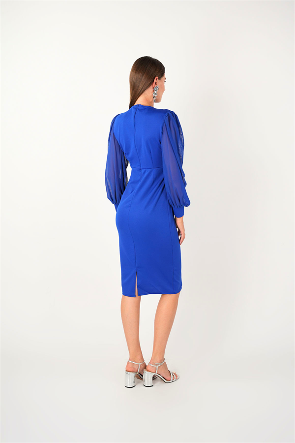 Crepe Fabric Sleeve Tulle Pencil Dress - SAKS BLUE