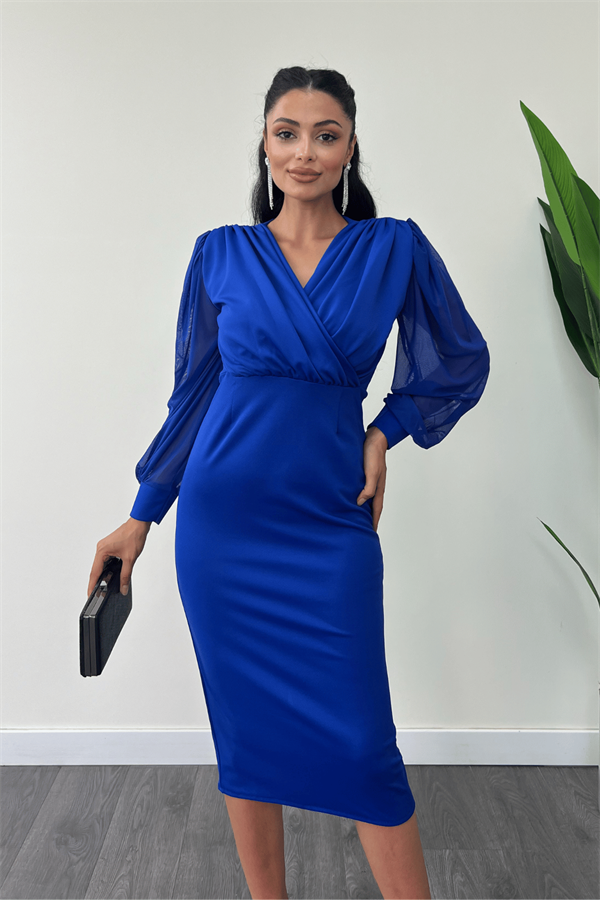 Krep Kumaş Kollar Tül Kalem Elbise - SAKS MAVİ