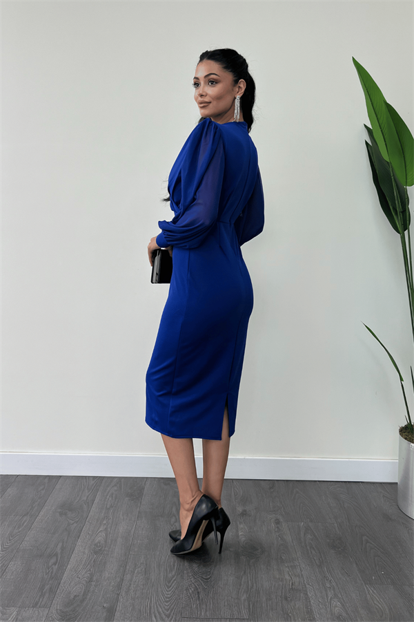 Krep Kumaş Kollar Tül Kalem Elbise - SAKS MAVİ