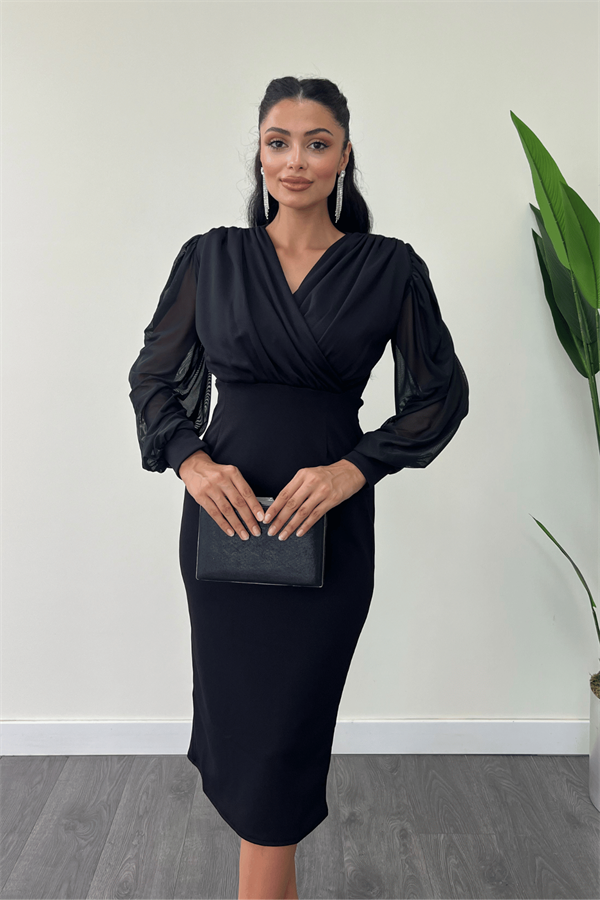 فستان قلم من التول قماش الكريب بأكمام - أسود