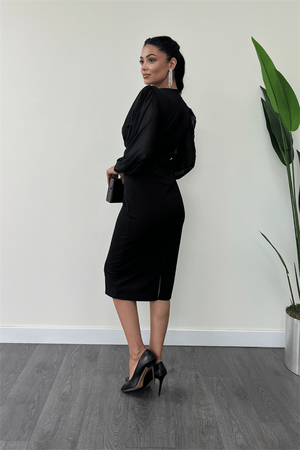 فستان قلم من التول قماش الكريب بأكمام - أسود