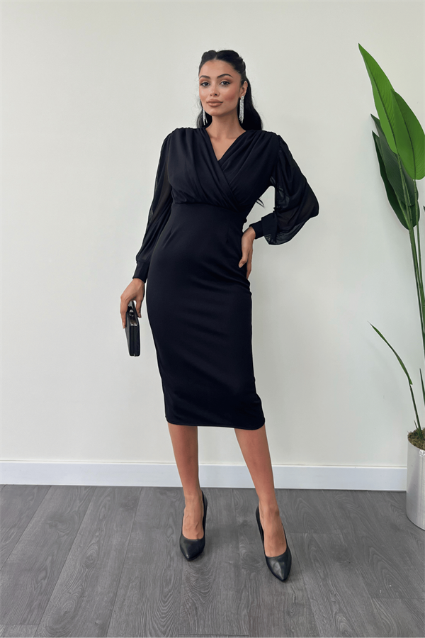 فستان قلم من التول قماش الكريب بأكمام - أسود