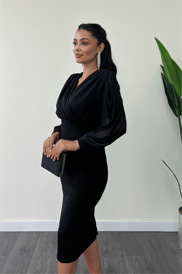 فستان قلم من التول قماش الكريب بأكمام - أسود