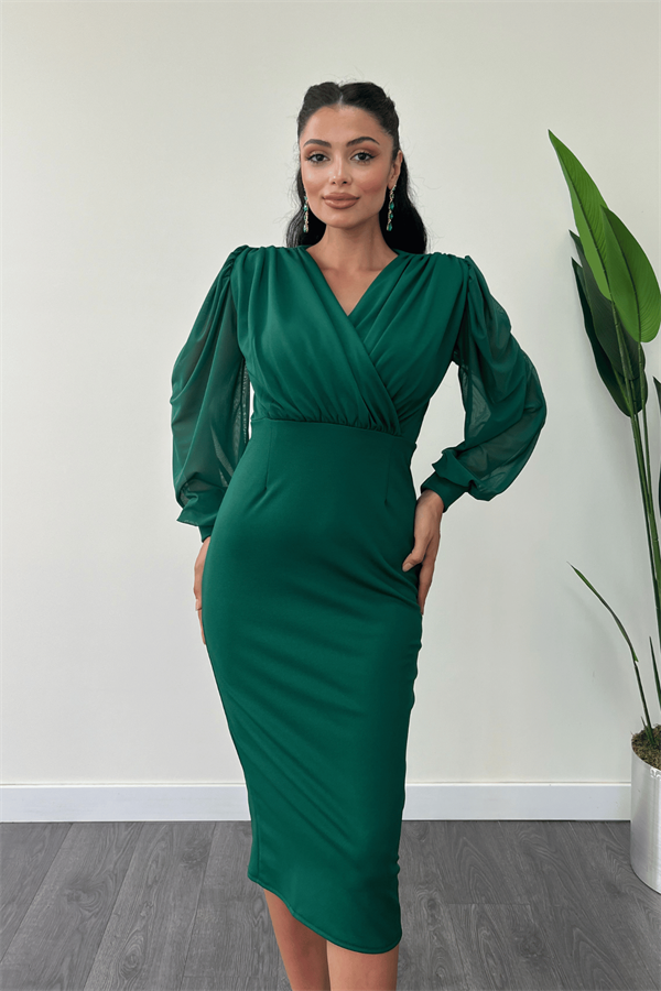 زمرد - فستان قلم من التول قماش الكريب بأكمام