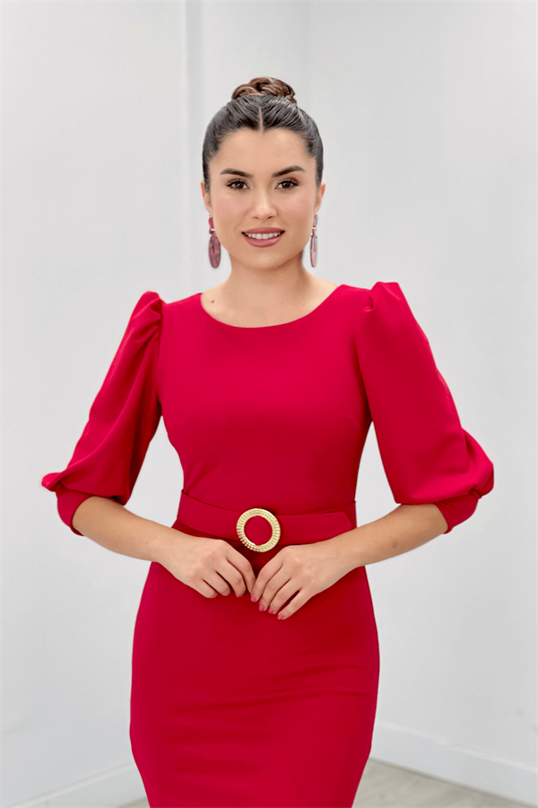 Krep Kumaş Kolları Balon Detaylı Kalem Elbise - KIRMIZI