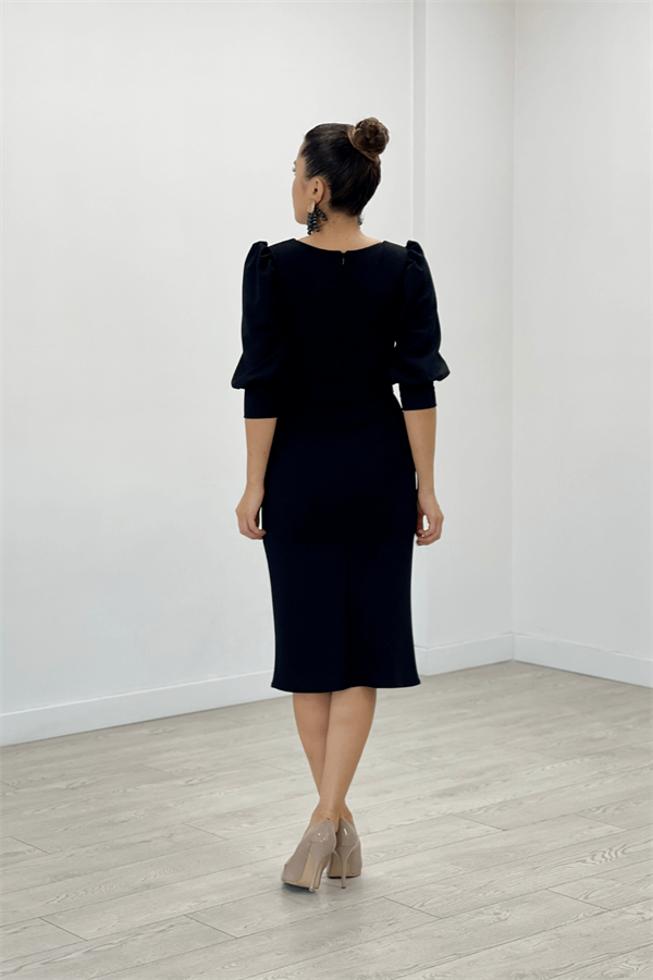 Krep Kumaş Kolları Balon Detaylı Kalem Elbise - SİYAH