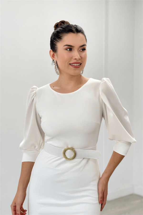 Krep Kumaş Kolları Balon Detaylı Kalem Elbise - BEYAZ