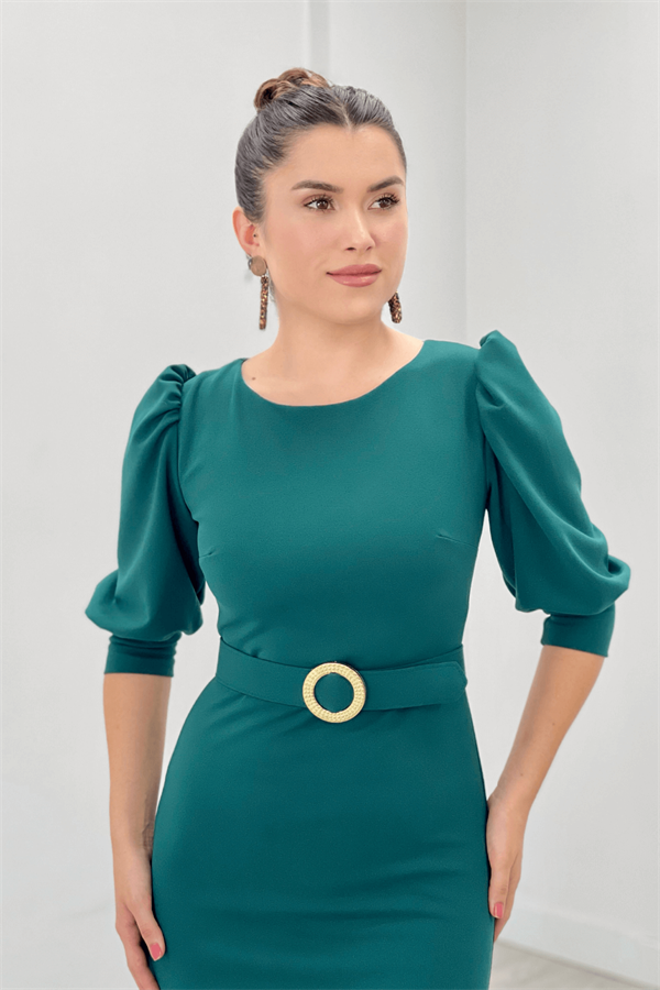 Krep Kumaş Kolları Balon Detaylı Kalem Elbise - ZÜMRÜT YEŞİL