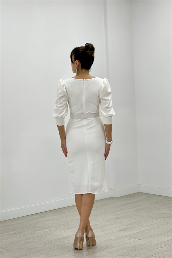 Krep Kumaş Kolları Balon Detaylı Kalem Elbise - BEYAZ