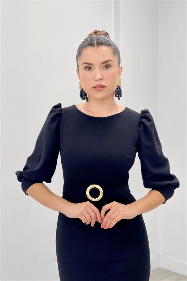 Krep Kumaş Kolları Balon Detaylı Kalem Elbise - SİYAH