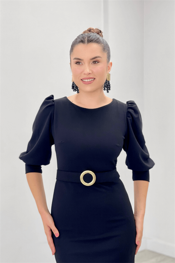 Krep Kumaş Kolları Balon Detaylı Kalem Elbise - SİYAH