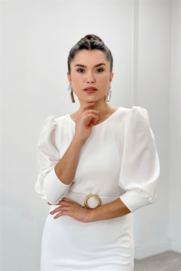 Krep Kumaş Kolları Balon Detaylı Kalem Elbise - BEYAZ