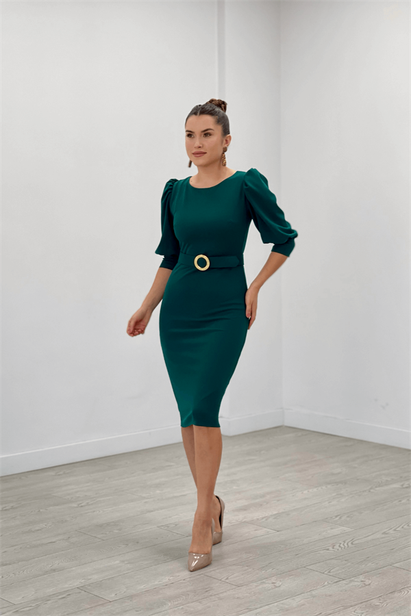 Krep Kumaş Kolları Balon Detaylı Kalem Elbise - ZÜMRÜT YEŞİL