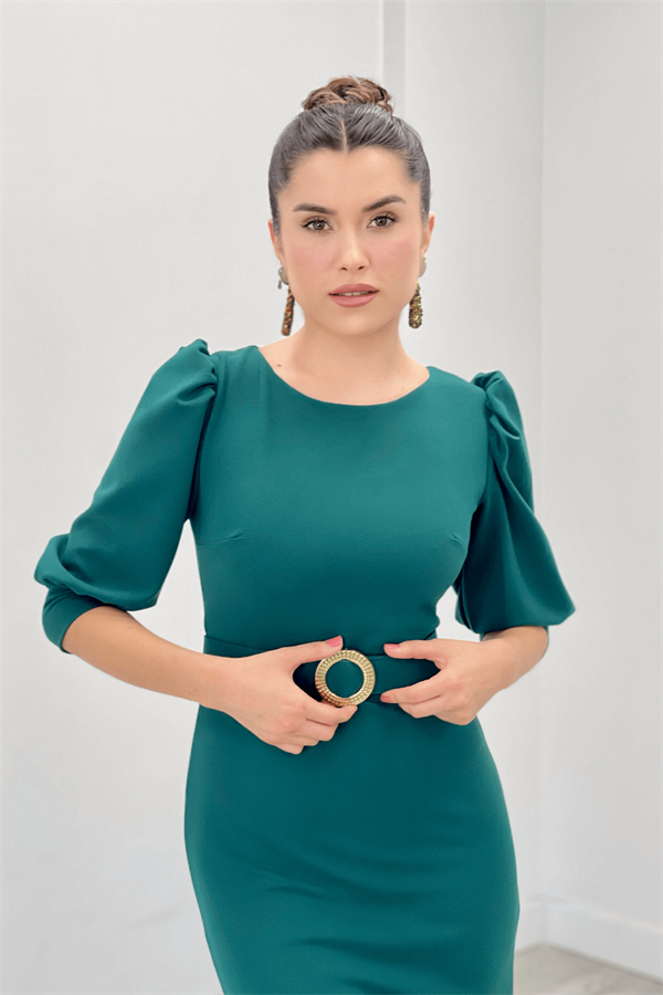 Krep Kumaş Kolları Balon Detaylı Kalem Elbise - ZÜMRÜT YEŞİL