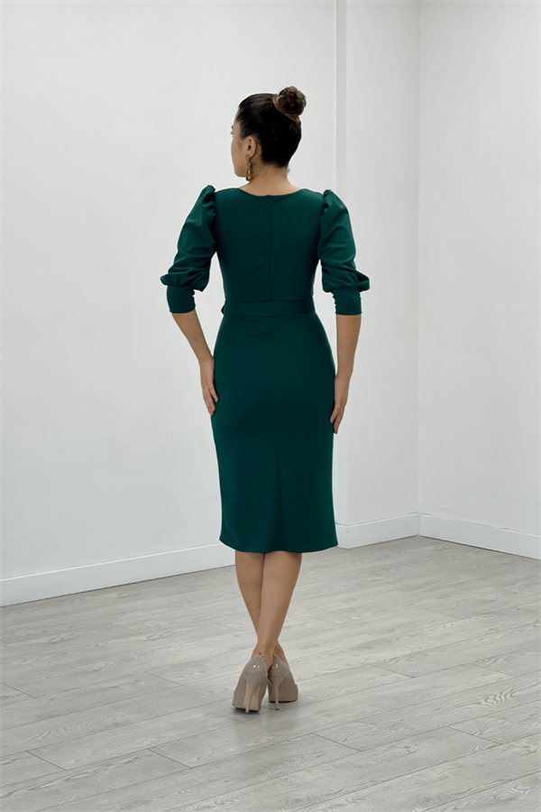 Krep Kumaş Kolları Balon Detaylı Kalem Elbise - ZÜMRÜT YEŞİL